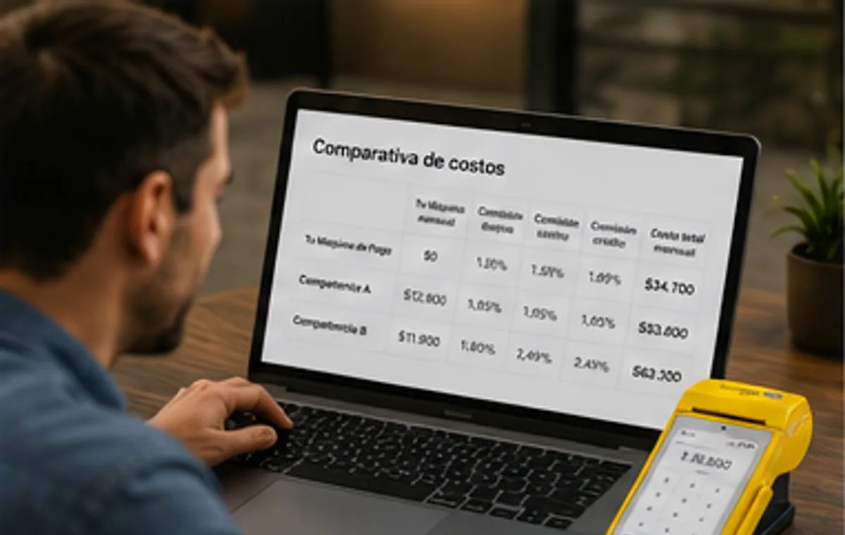 Dueño revisando comparativa de costos para elegir máquina de pago